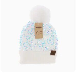 Cluster Sequin Faux Fur Pom C.C Beanie white
